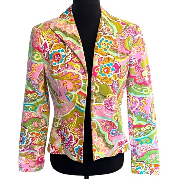 Harvé Benard Blazer Size 4 Bright Floral Paisley Jacket Stretch Cotton Retro Art - Picture 1 of 9